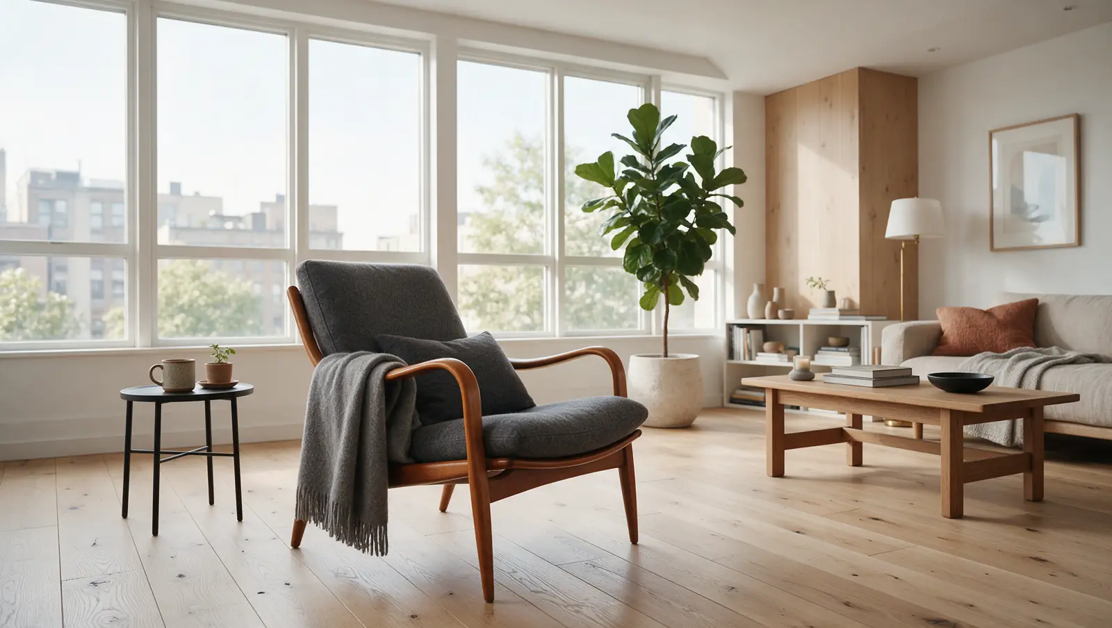 Fauteuil en chêne et laine grise dans un loft baigné de lumière