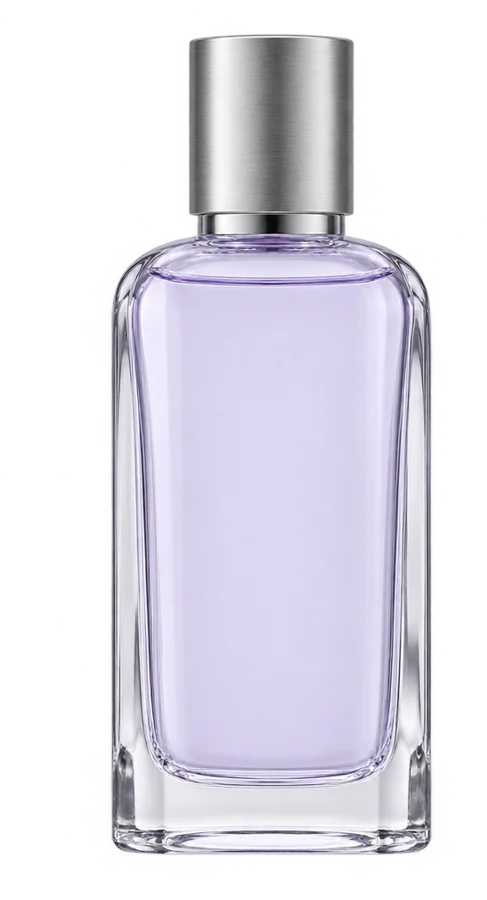 Flacon Iris Blanc, verre épais, liquide lilas pâle, bouchon argenté