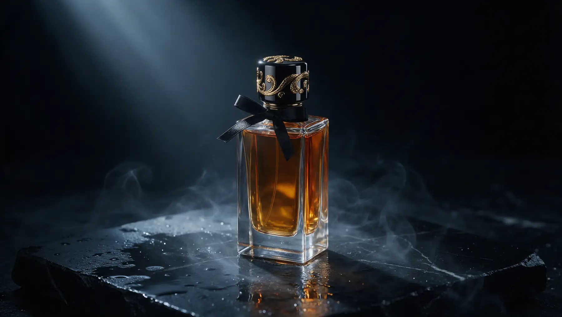 Flacon de parfum sur une pierre noire mouillée, dans un rai de lumière et de fumée
