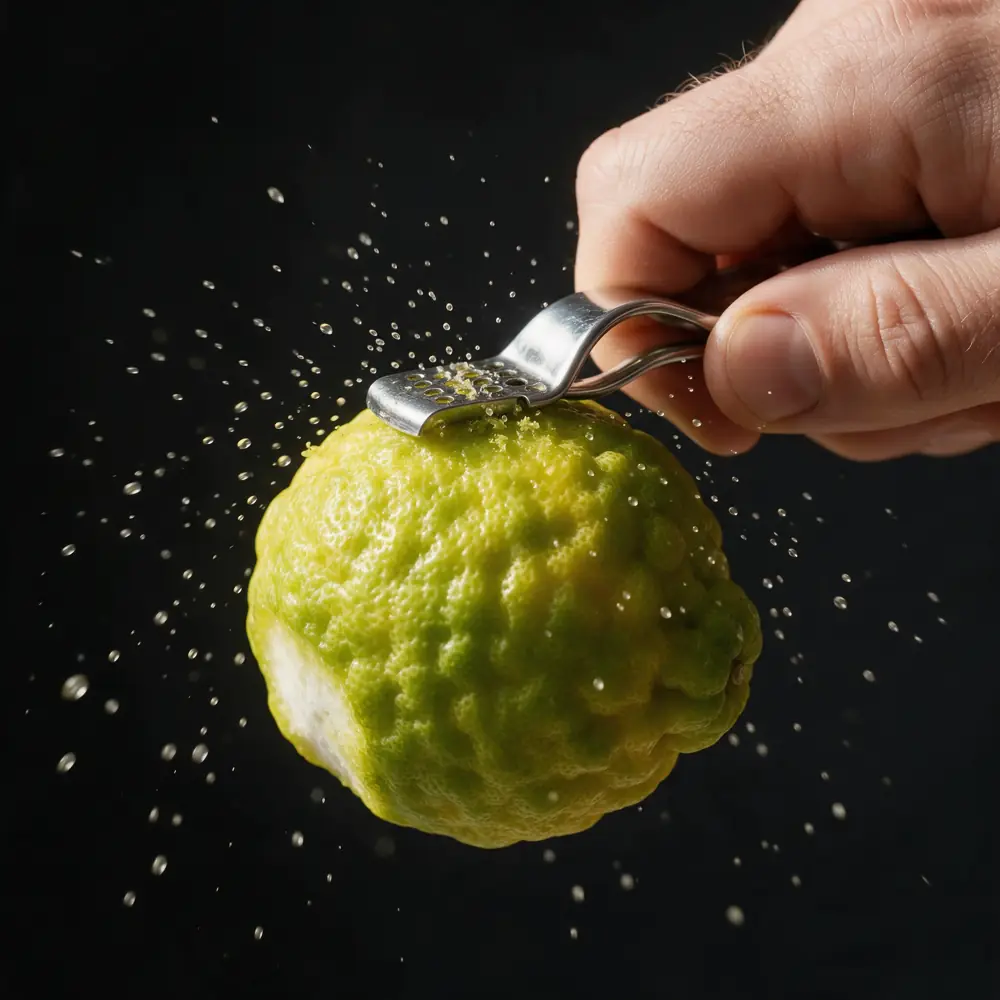 Zeste de bergamote pressé, gouttelettes d'huile