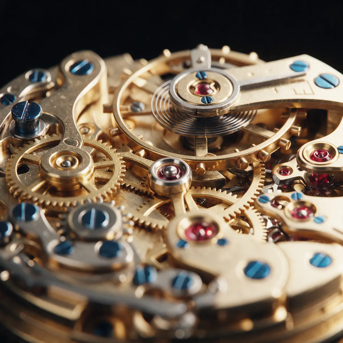 Macro d'un mouvement mécanique : rouages en laiton, vis bleuies et rubis