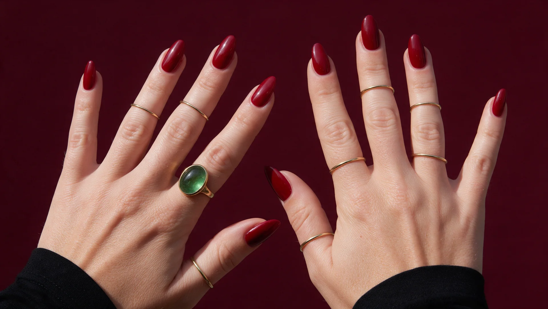 Deux mains aux longs ongles grenat, bagues en or, manches noires