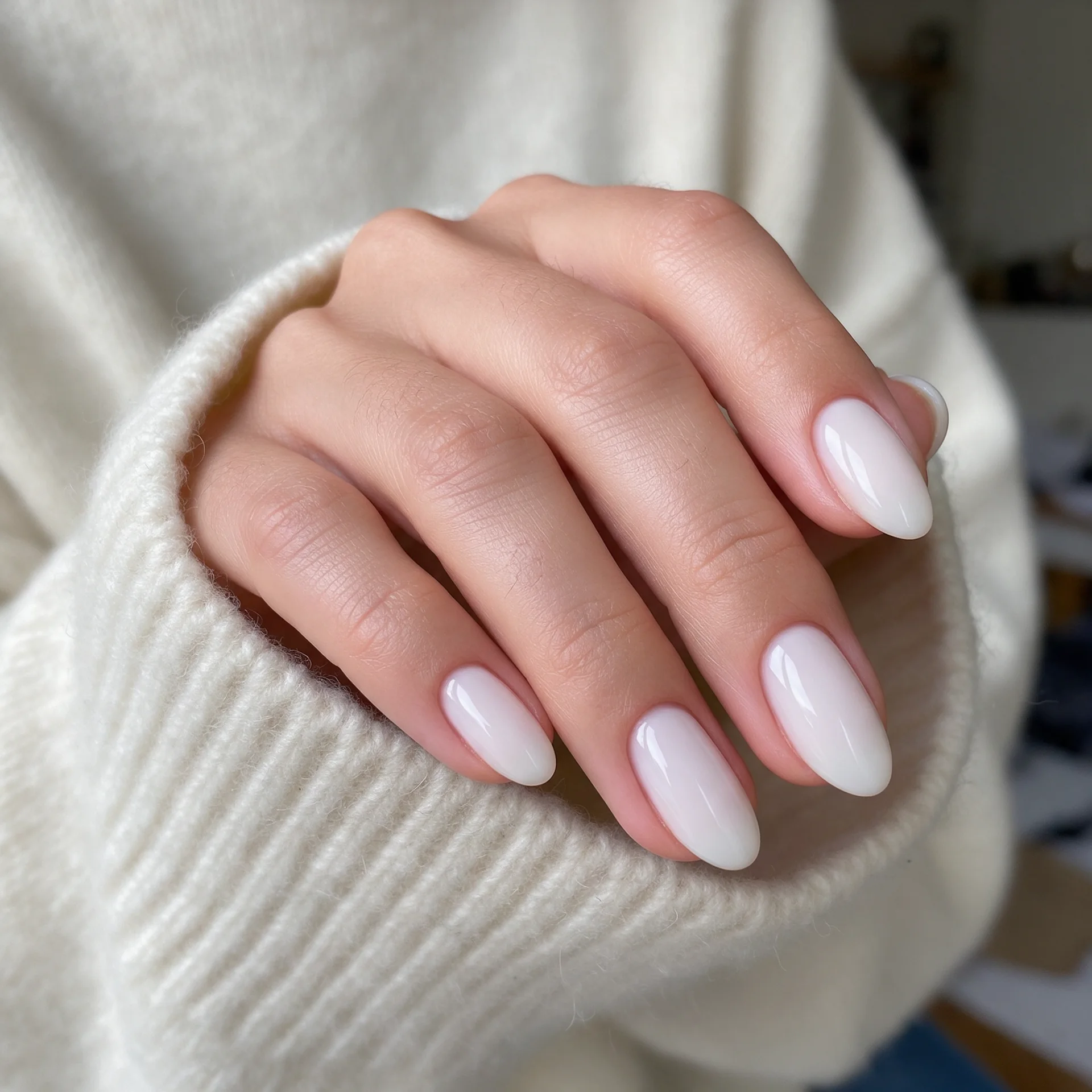 Ongles amande blanc laiteux sur une manche en laine