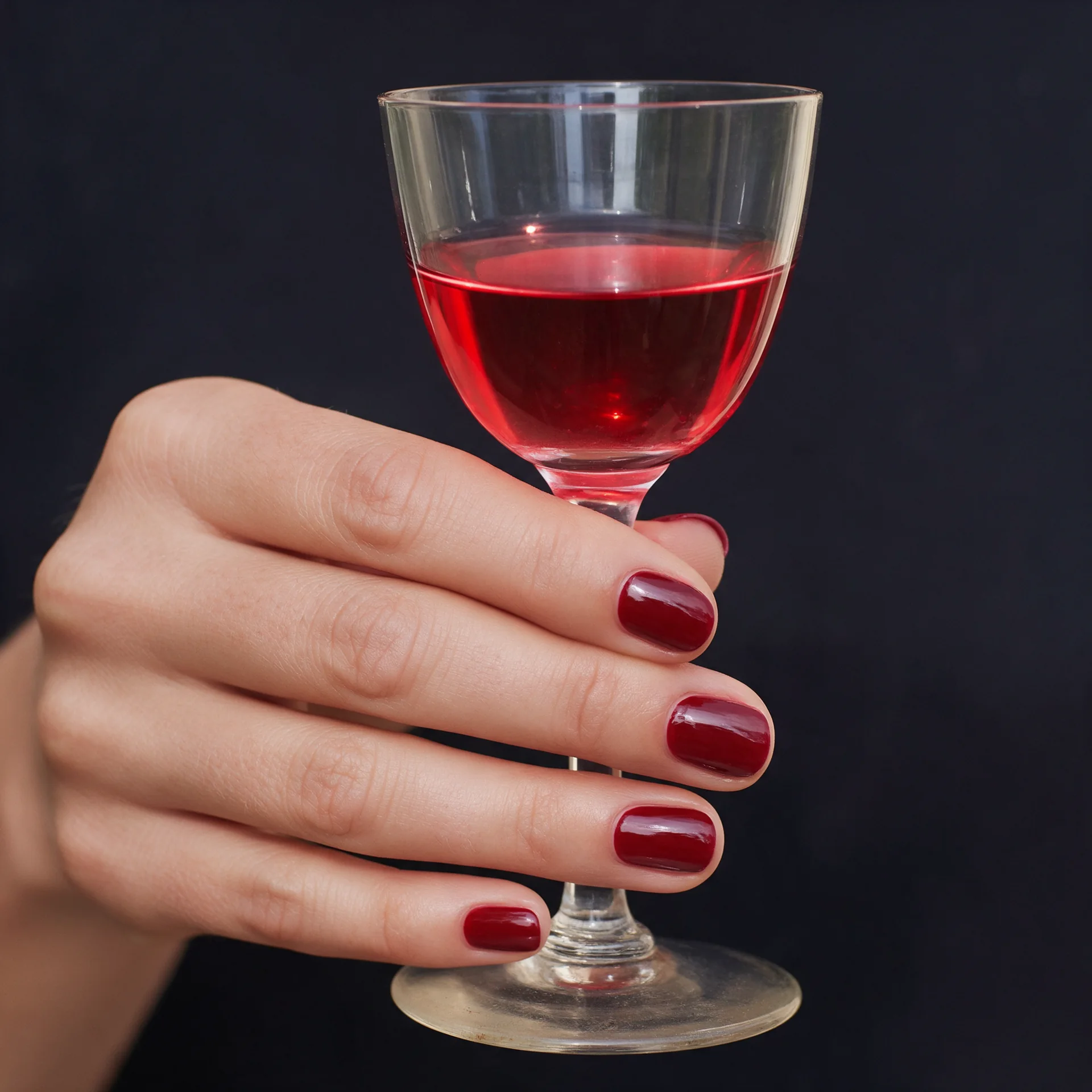 Ongles rouge cerise tenant un verre