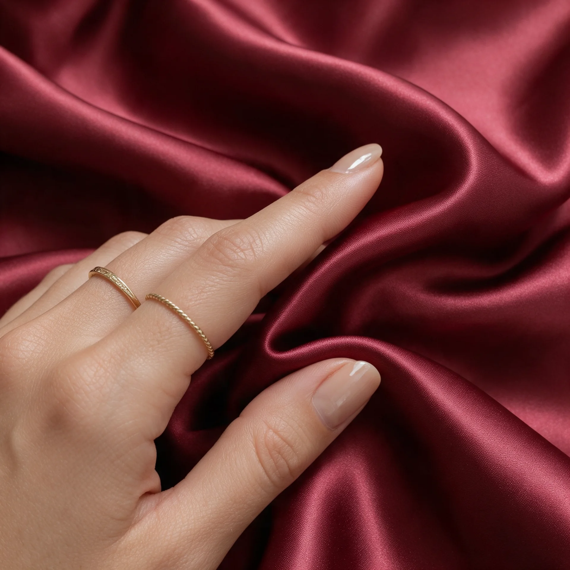 Ongles nude courts et bagues fines sur une soie grenat