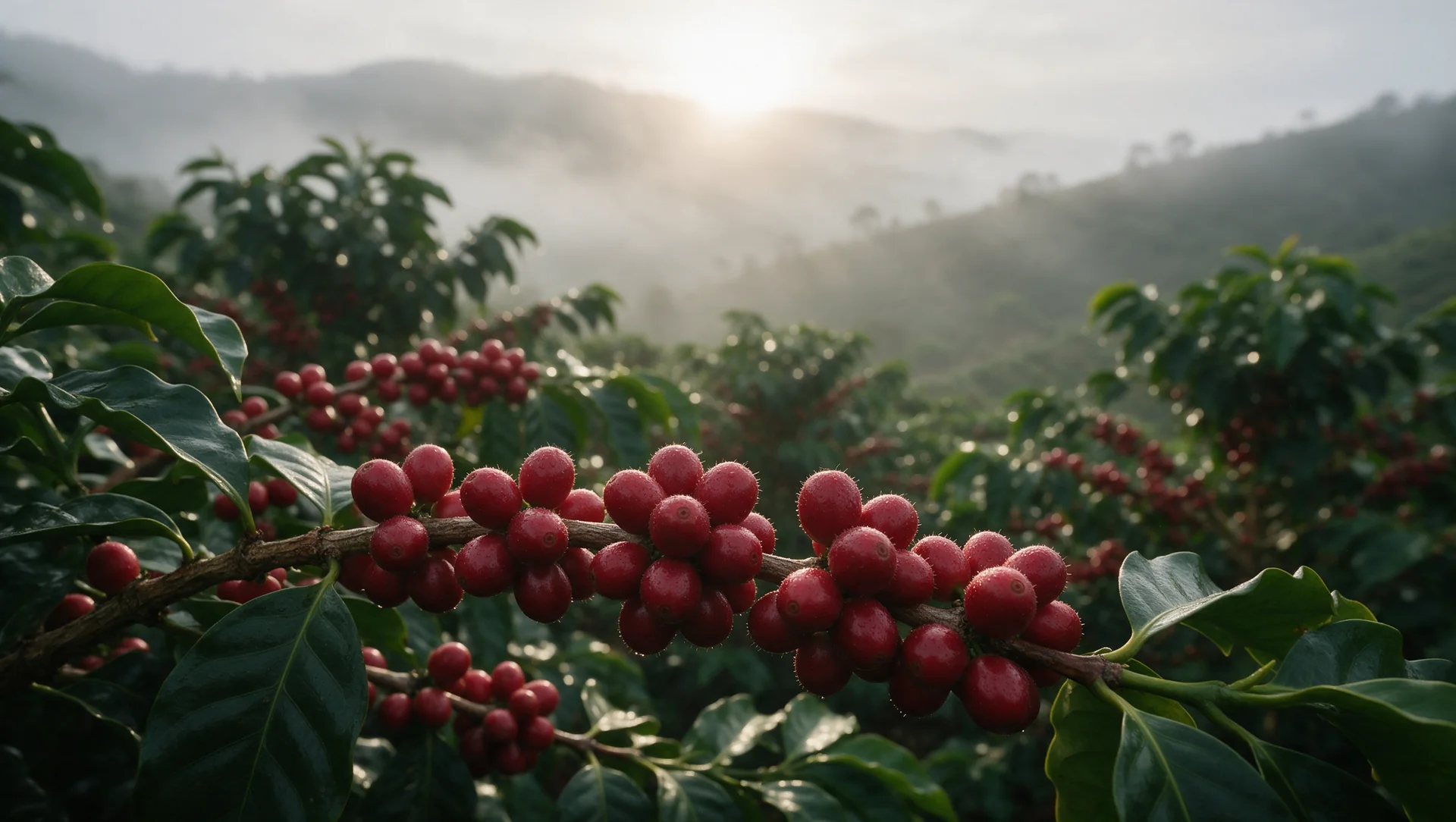 Cerises de café rouges sur la branche, plantation en altitude dans la brume