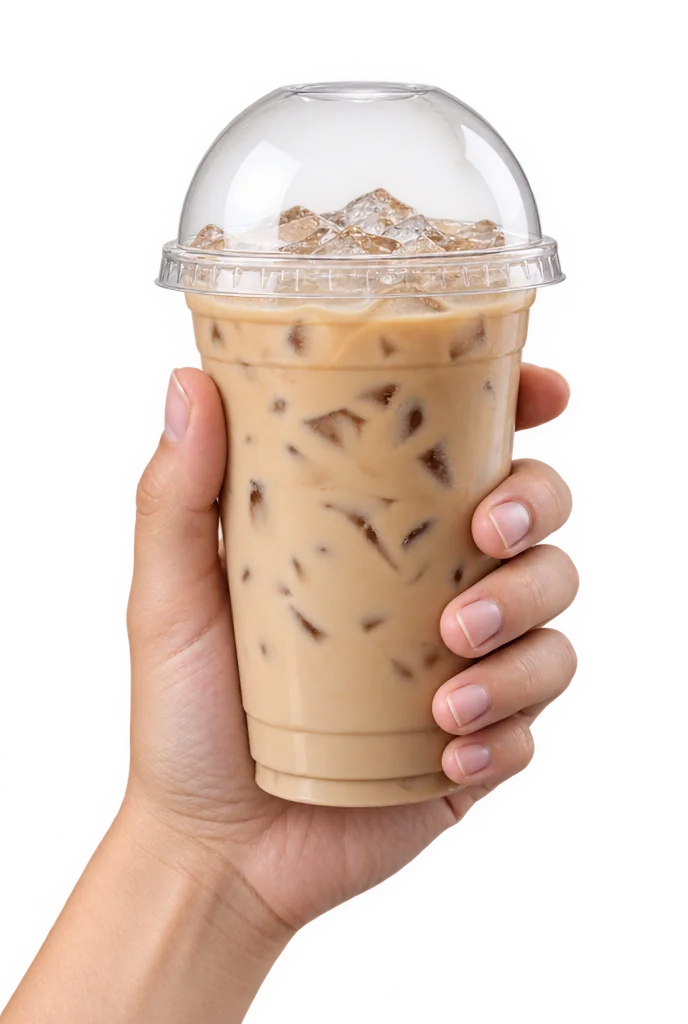 Une main tient un gobelet de latte glacé