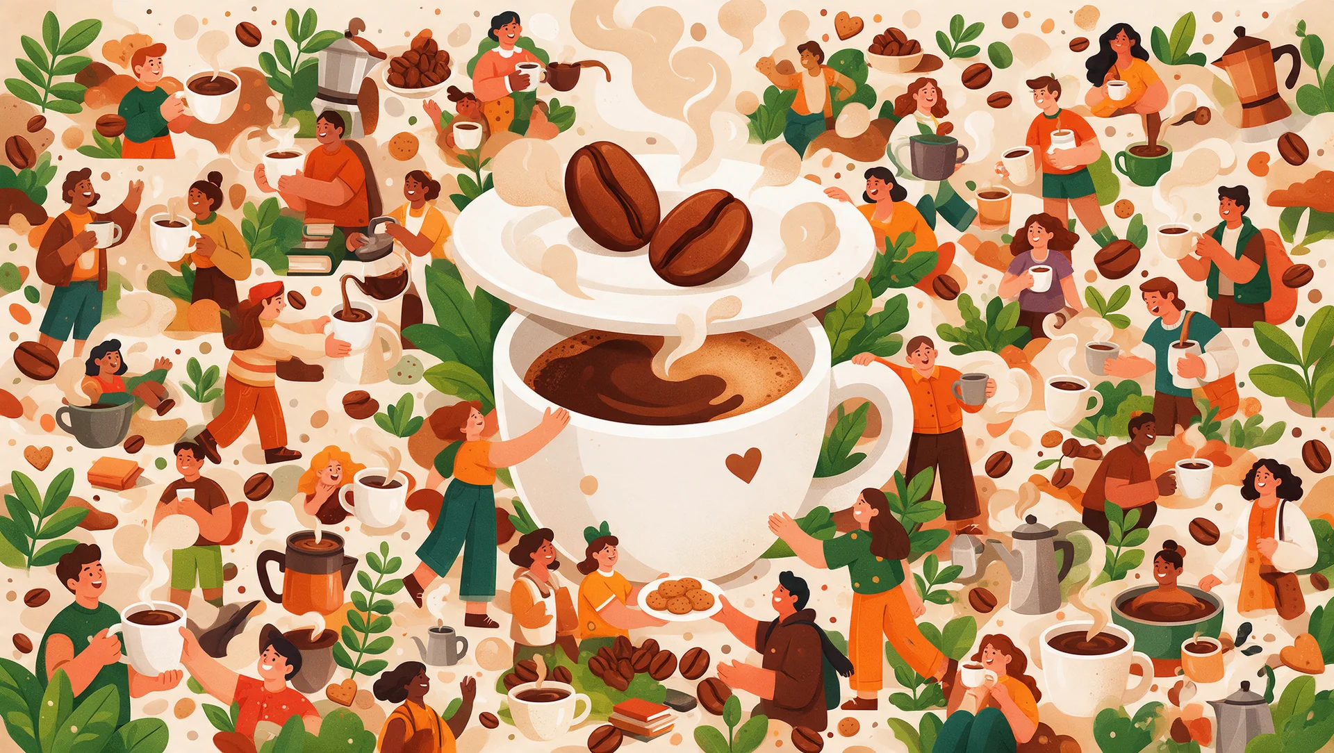 Fresque illustrée : des dizaines de personnes qui boivent du café autour d'une grande tasse