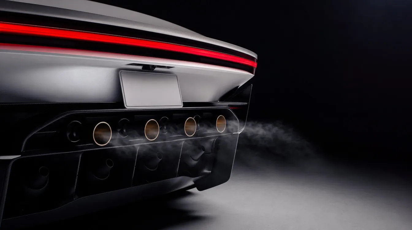 Arrière du Roadster : barre lumineuse rouge et quatre buses dorées dans le diffuseur