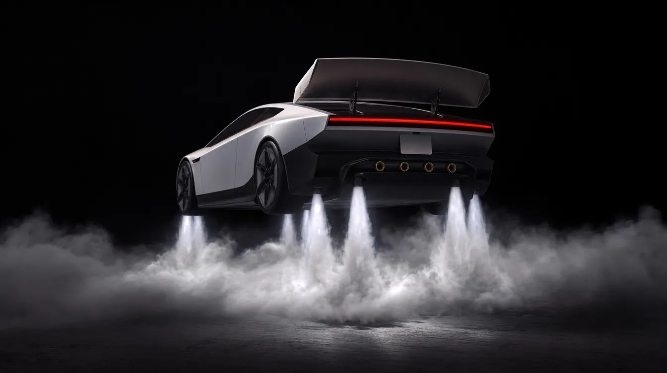 Le Roadster en vol stationnaire, jets d’air sous la caisse et aileron déployé