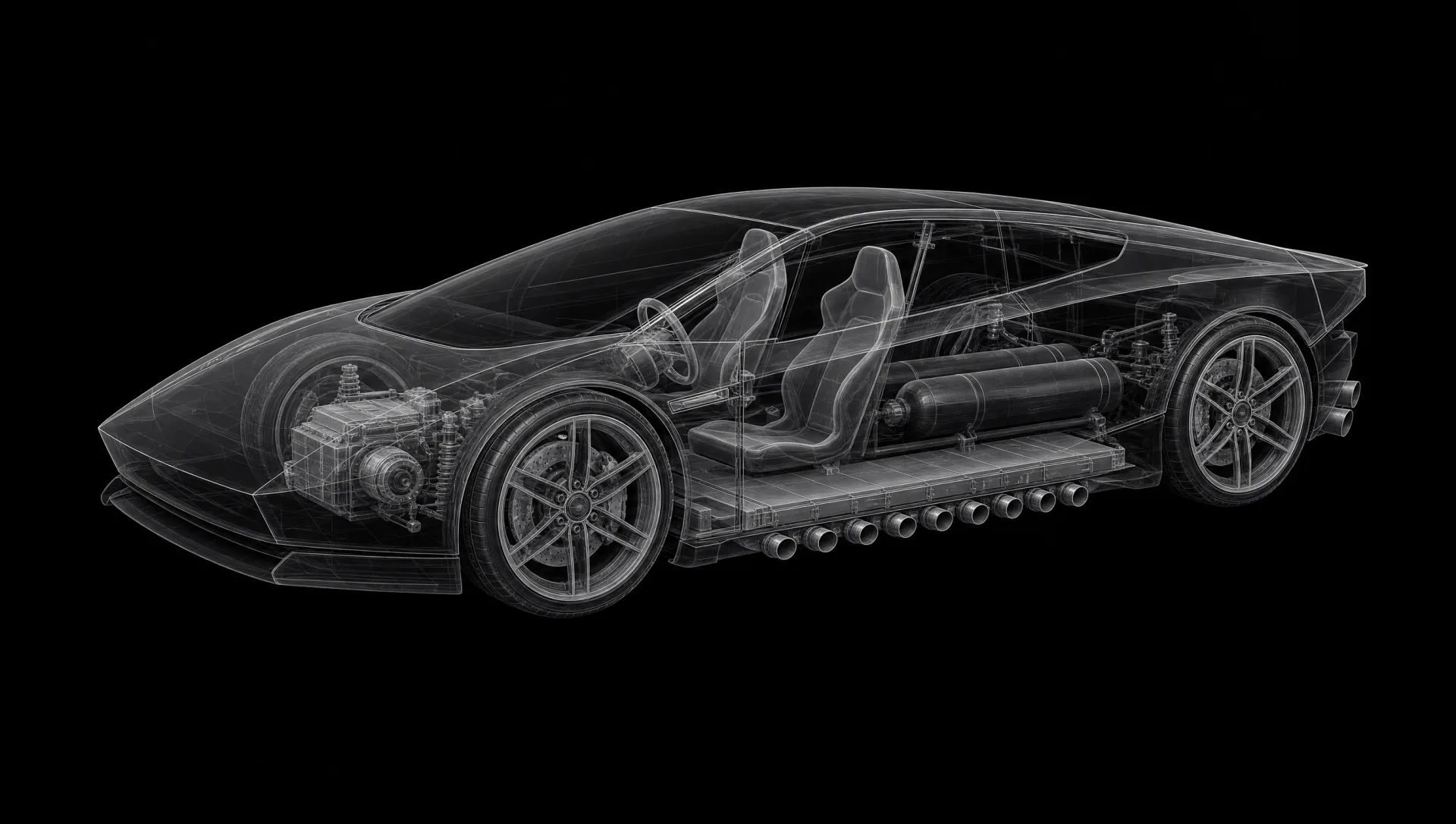 Vue radiographiée du Roadster : habitacle, batterie, réservoirs d’air, buses, moteurs, aileron