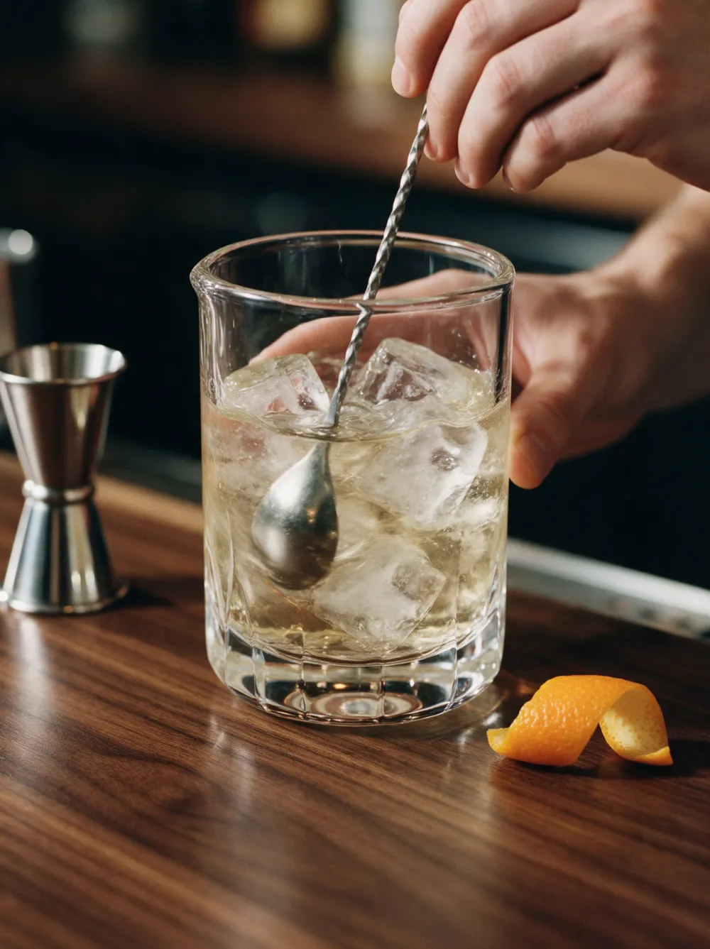 A bartender stirring a drink over ice in a crystal mixing glass