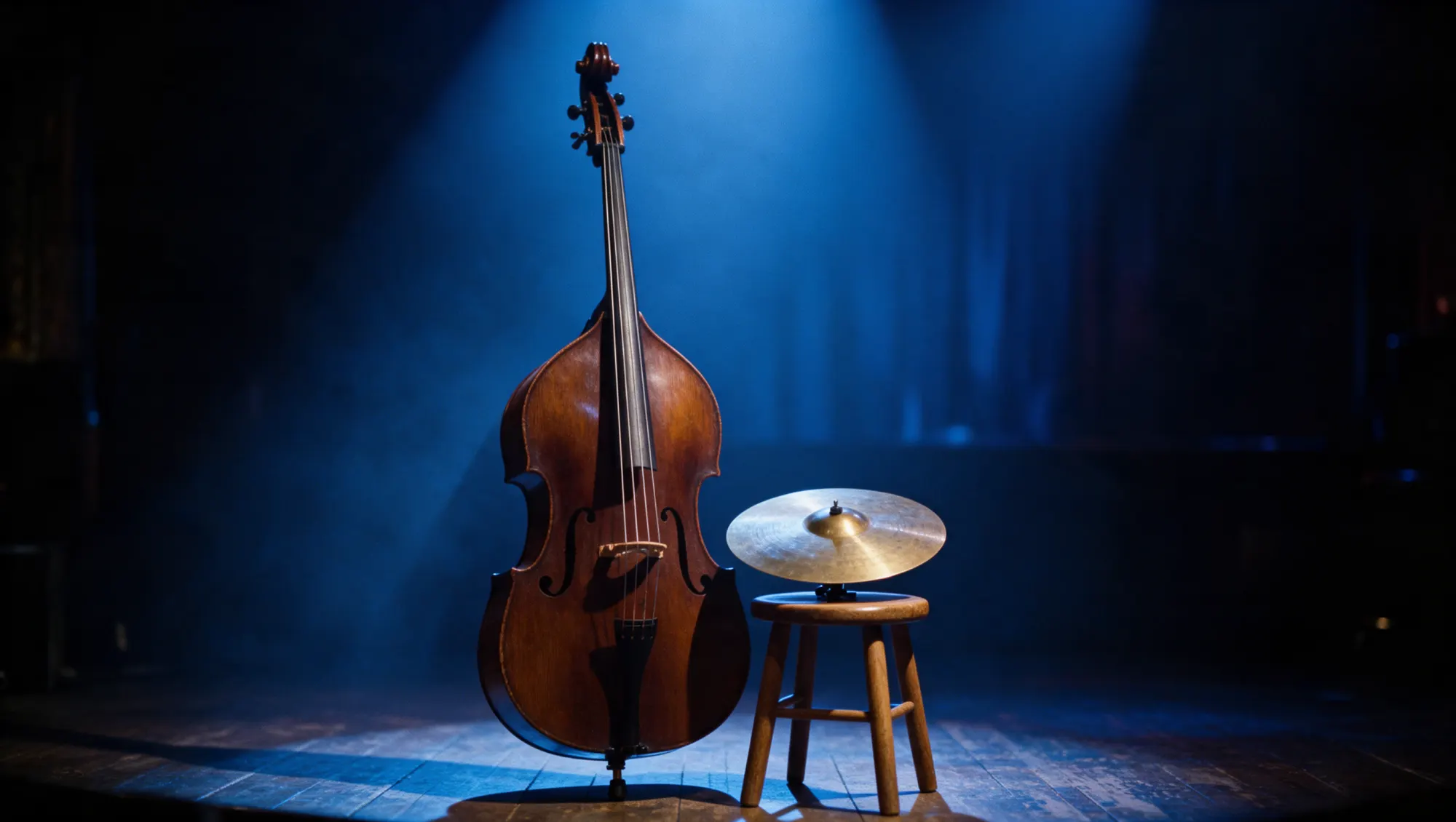 An upright bass and a cymbal under a blue spotlight