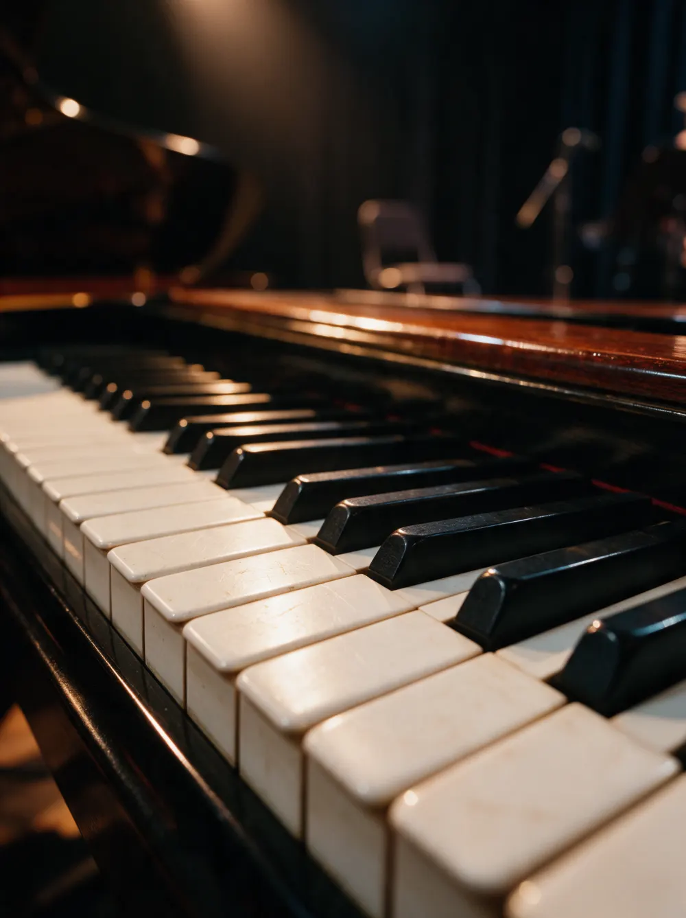 Grand piano keys in warm stage light