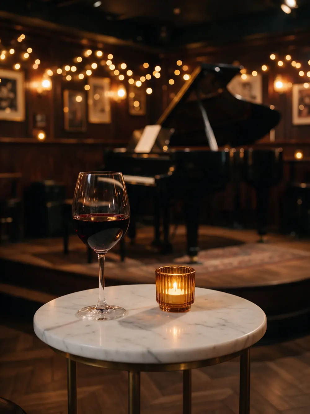 A glass of red wine and a candle on a small marble table, the stage behind