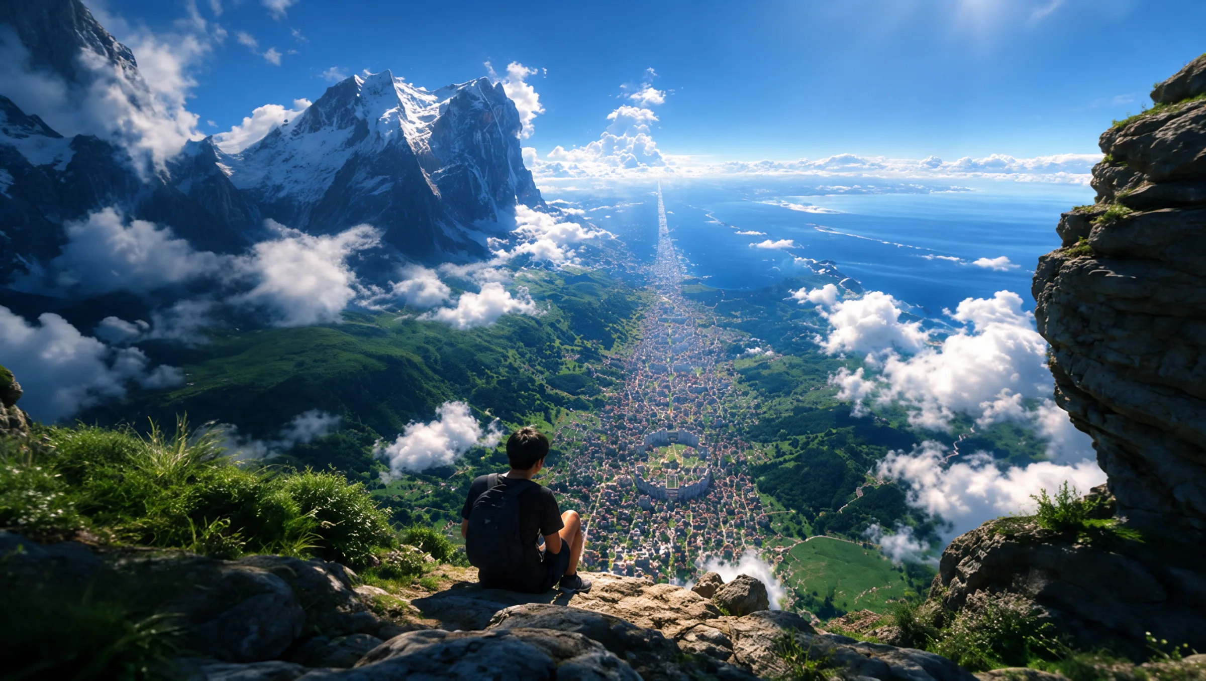 A traveller sits on a cliff edge above an endless green valley, snow-capped peaks on the left and a city stretching to the horizon